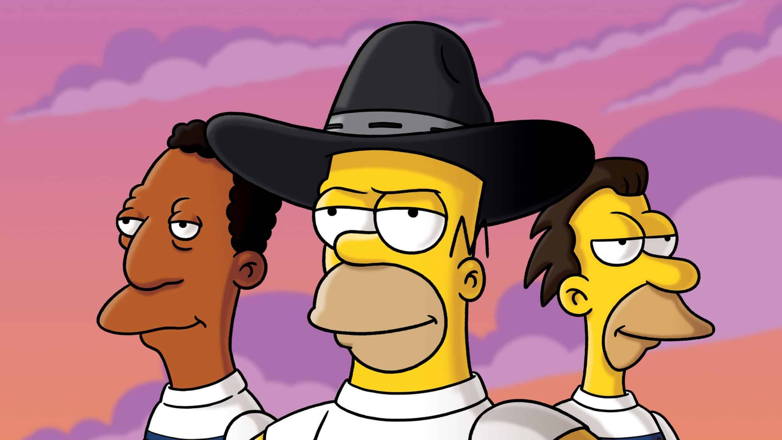 Vue du buste de Carl, Homer et Lenny sur un coucher de soleil. Homer porte un chapeau de cowboy.
