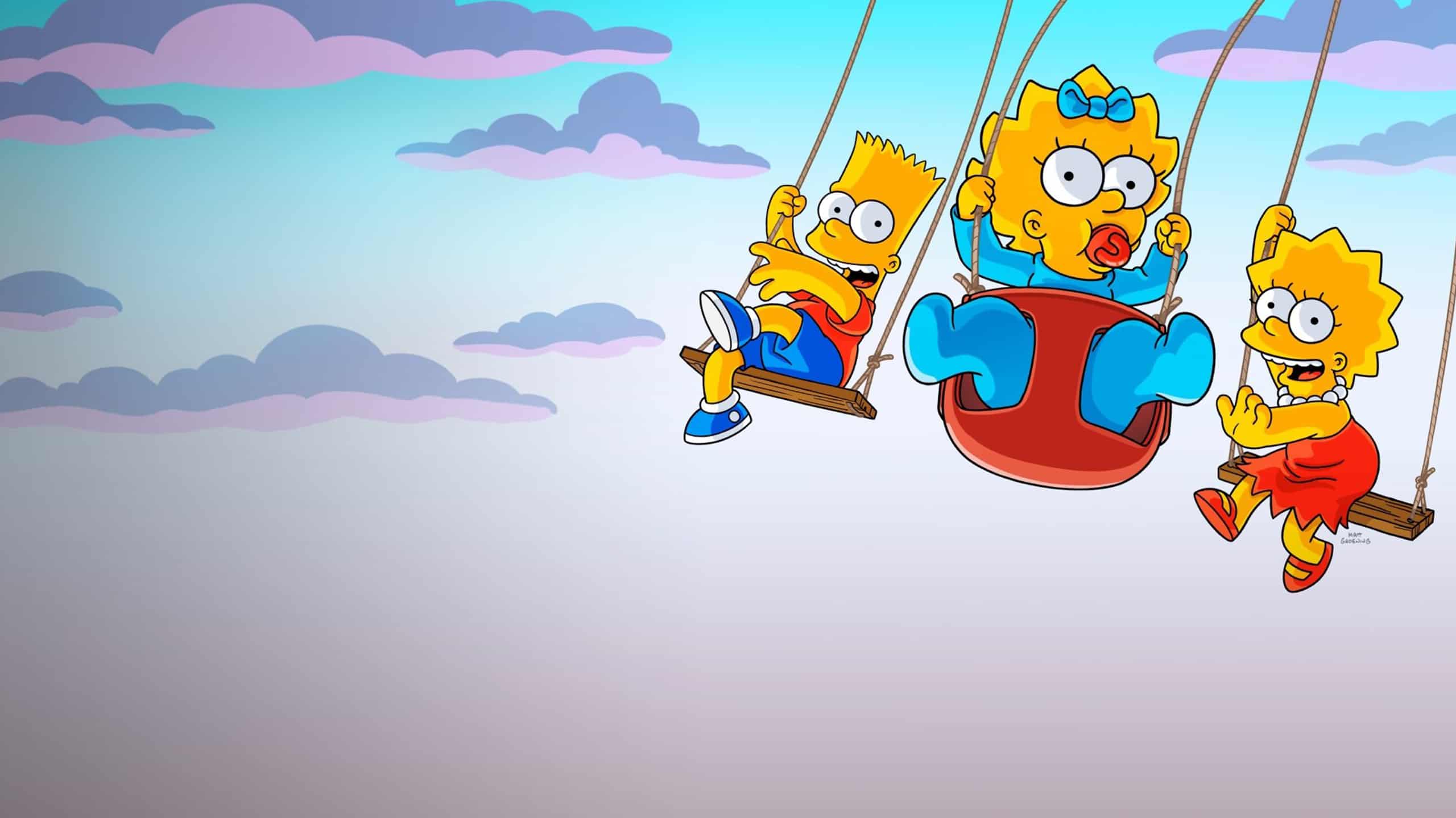 Les enfants Simpson sur des balançoires. Bart et Lisa poussent Maggie.