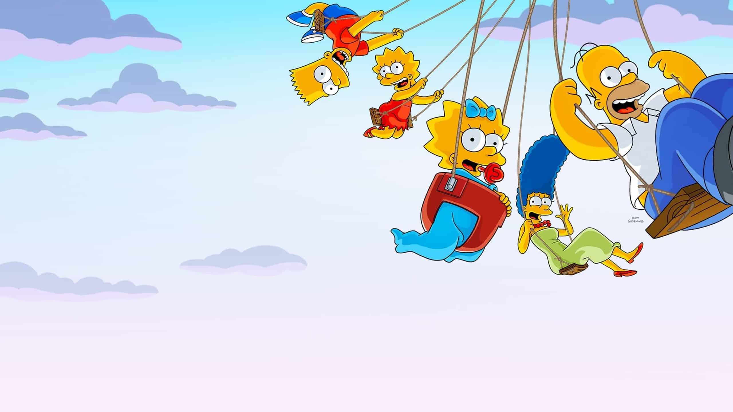 La famille Simpson se balançant dans les airs sur un coucher de soleil.