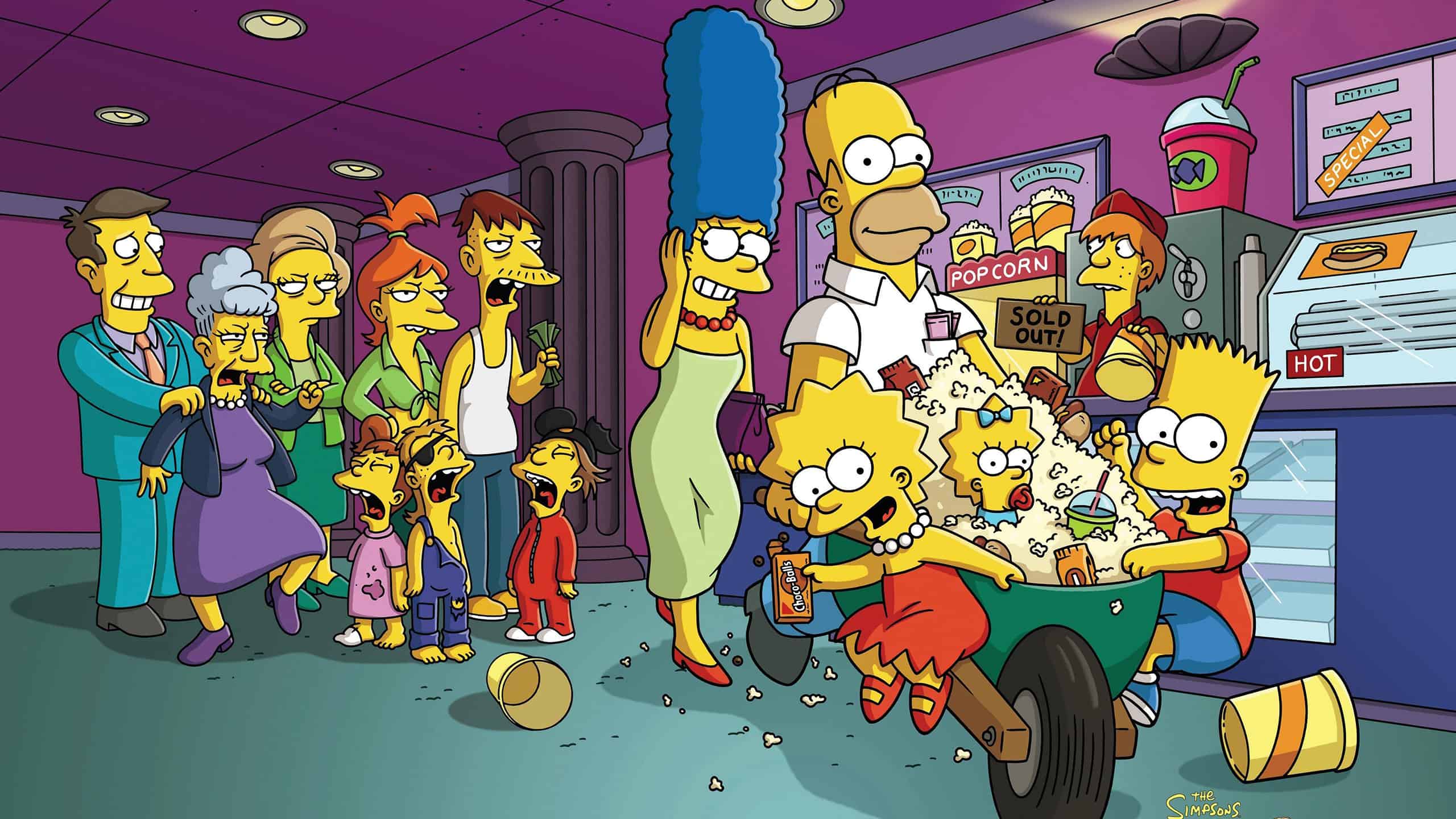 La famille Simpson s'échappe du cinéma avec une brouette remplie de popcorn.