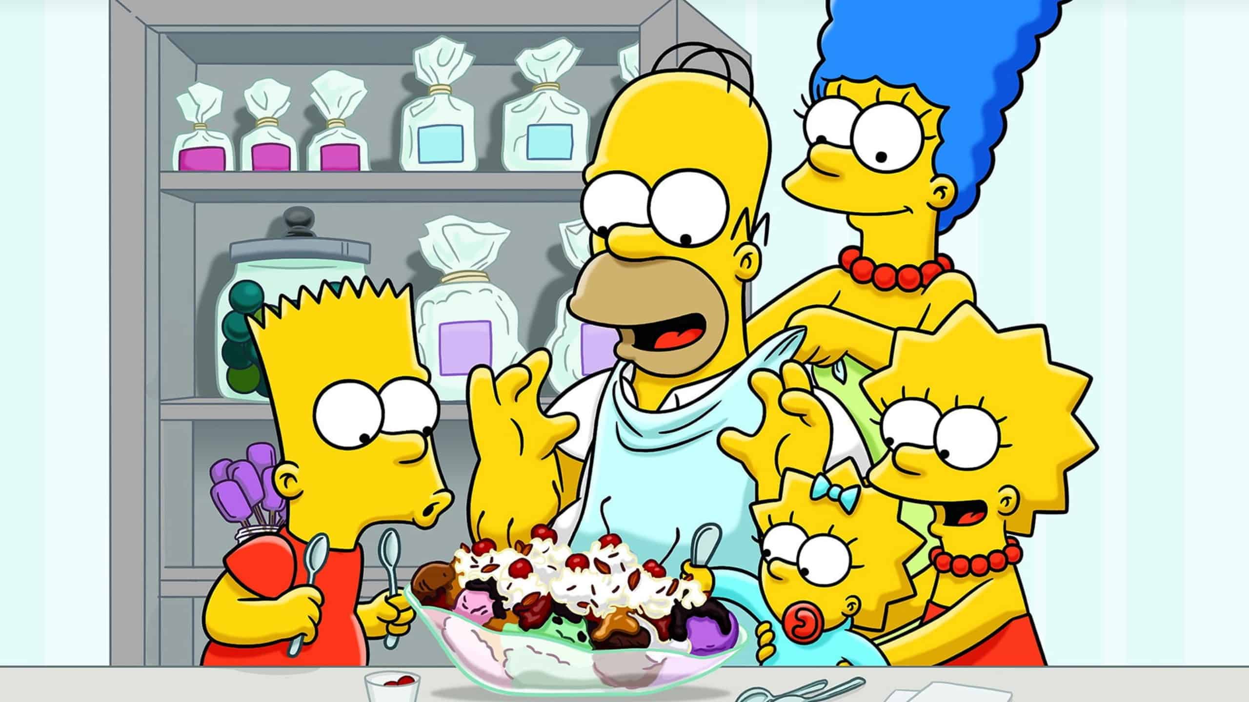La famille Simpson déguste et partage une glace dans la cuisine.