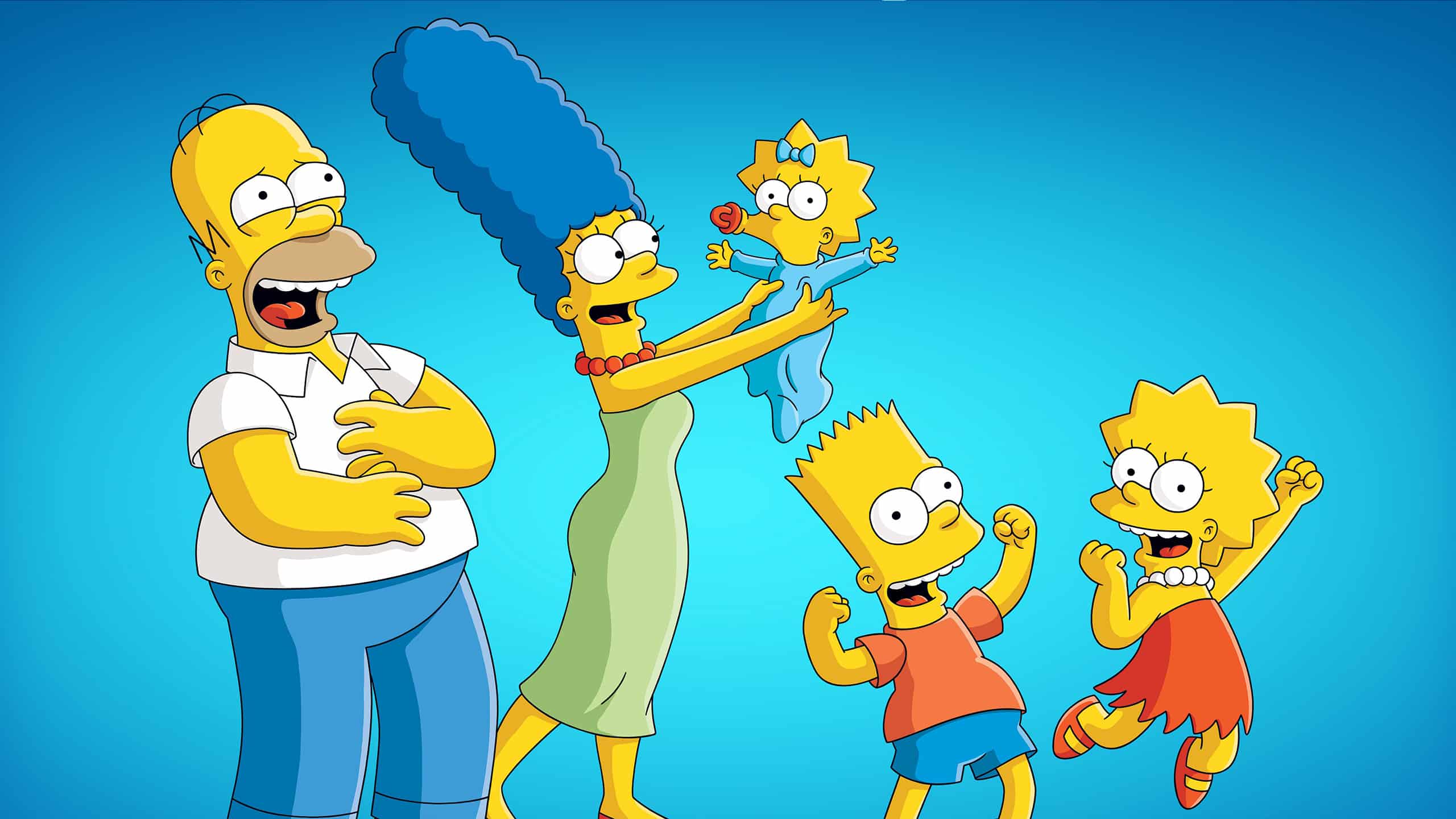 La famille Simpson debout et super heureuse. Homer rigole, Marge fait sauter Maggie et les enfants sautent de joie.