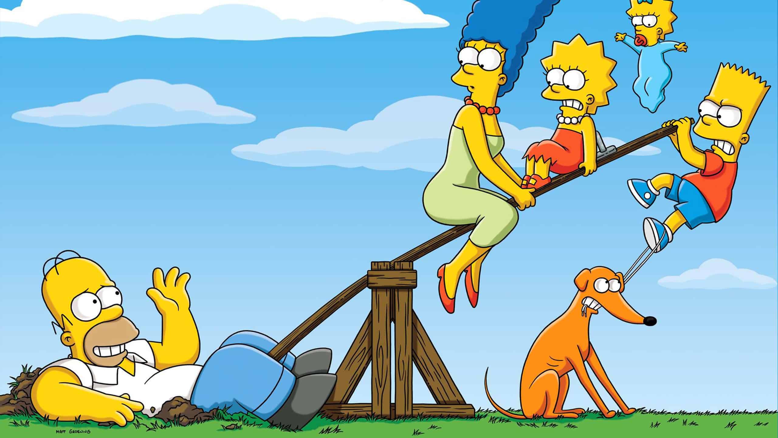 La famille Simpson joue sur une balançoire à bascule. Homer seul d’un côté s’enfonce dans le sol et toute la famille de l’autre côté tente de faire redescendre la balançoire.
