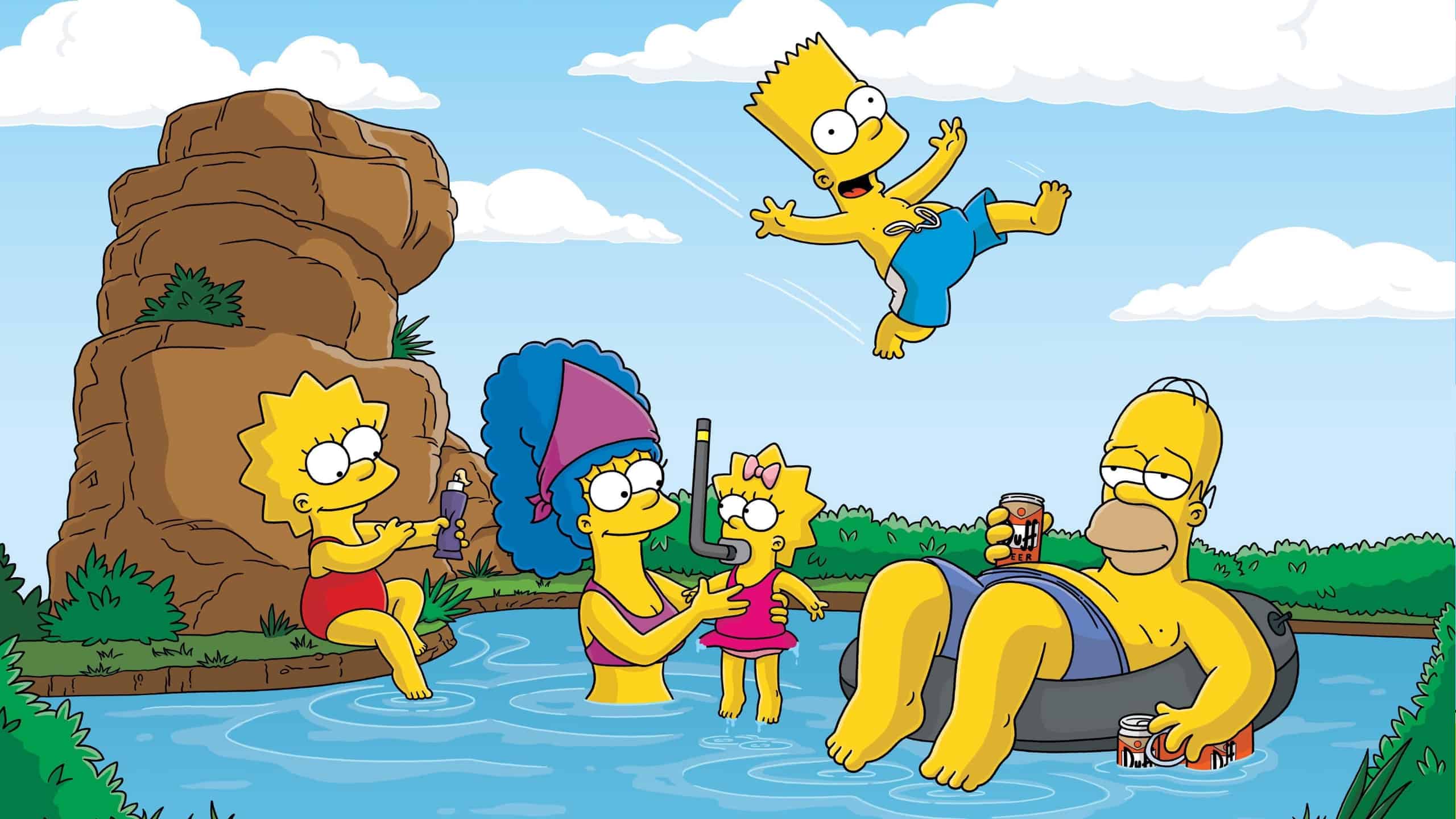 La famille Simpson s’amuse en maillot de bain sur un lac en pleine nature. Bart saute sur Homer qui boit une bière allongée sur une bouée.