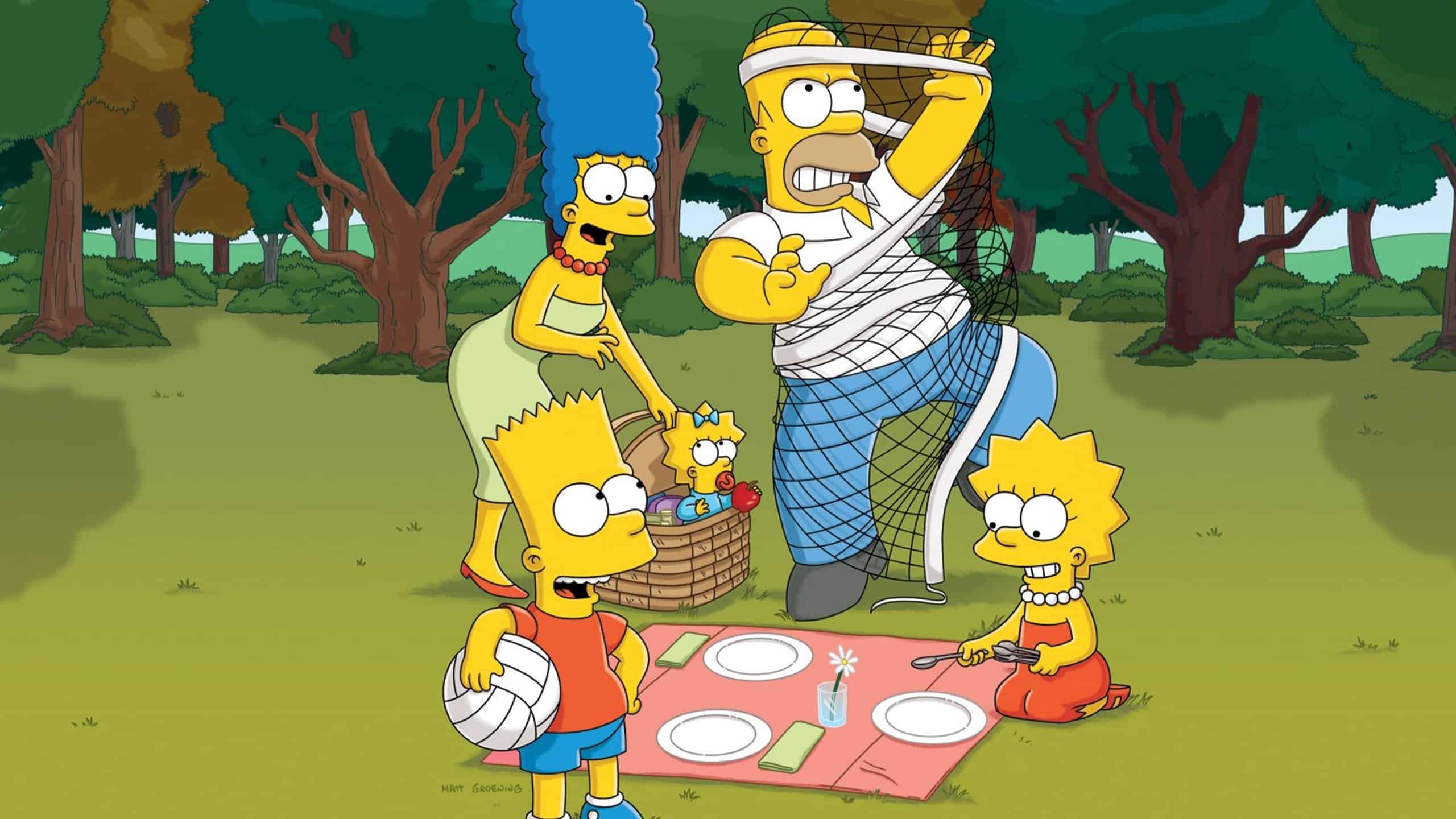 La famille Simpson fait un picnic dans la forêt et Homer s'emmêle avec le filet de badminton.