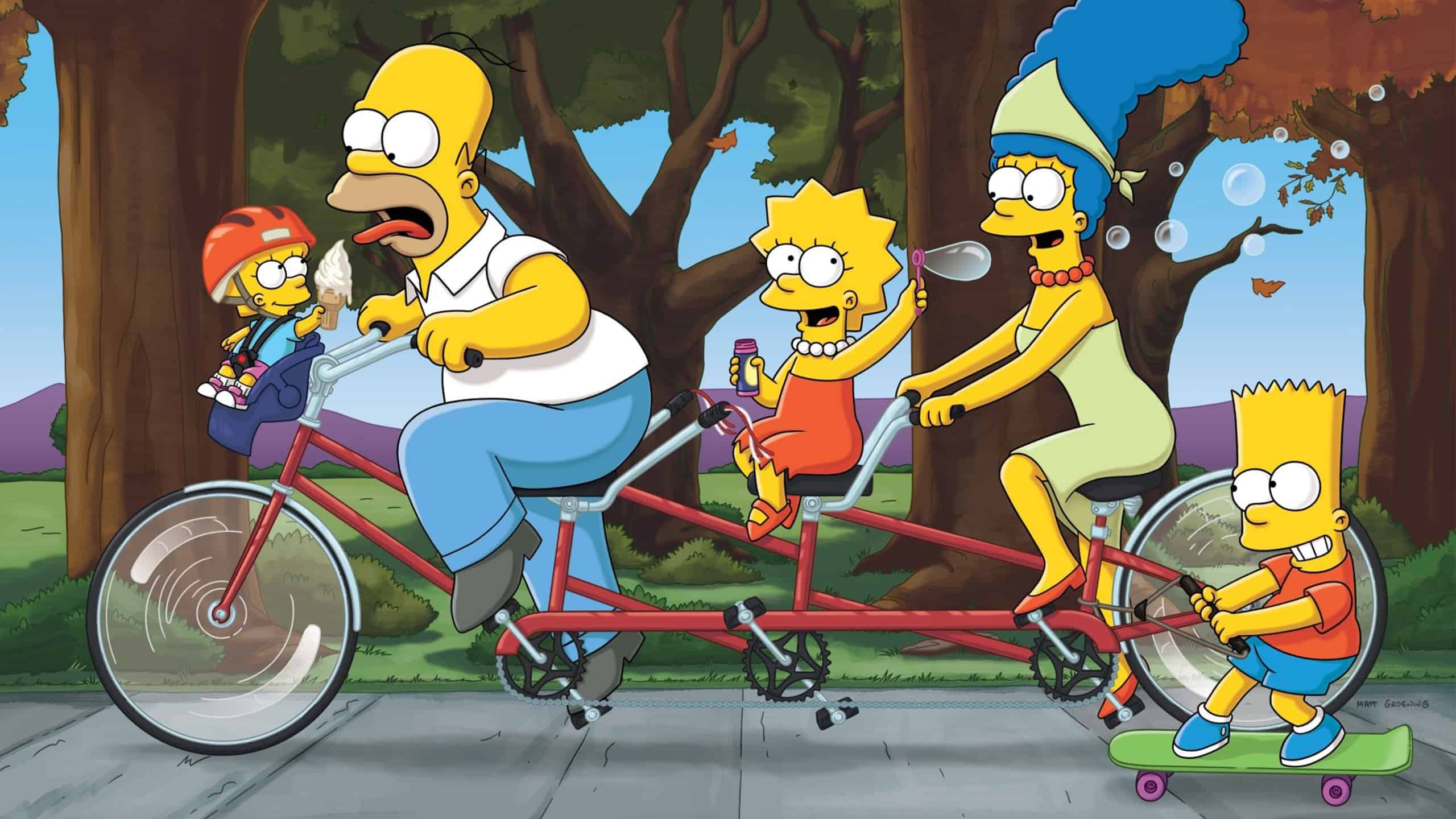 La famille Simpson fait du vélo avec un tandem. Bart est accroché à l’arrière sur son skate et maggie fait rouler Homer avec une glaçe à l’avant.