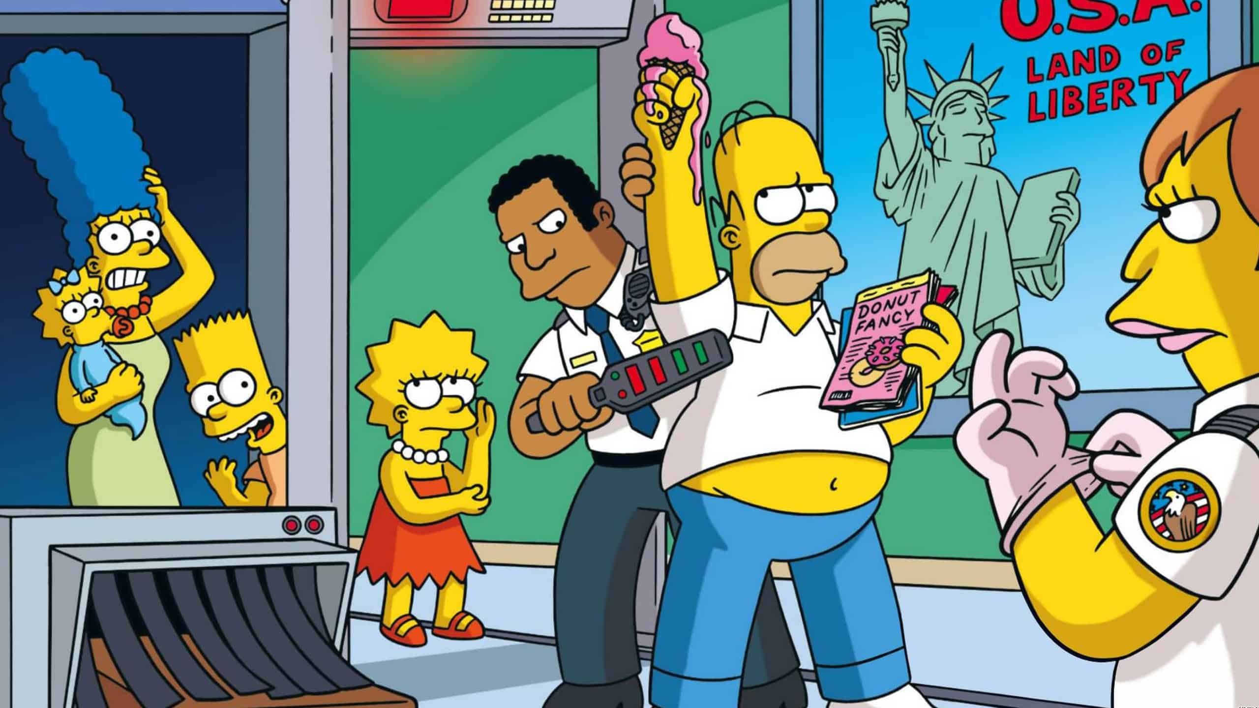 Homer se fait contrôler par les douanes de l'aéroport car le portique à sonner et il tient une glace et dans magazine de donut dans ses mains.