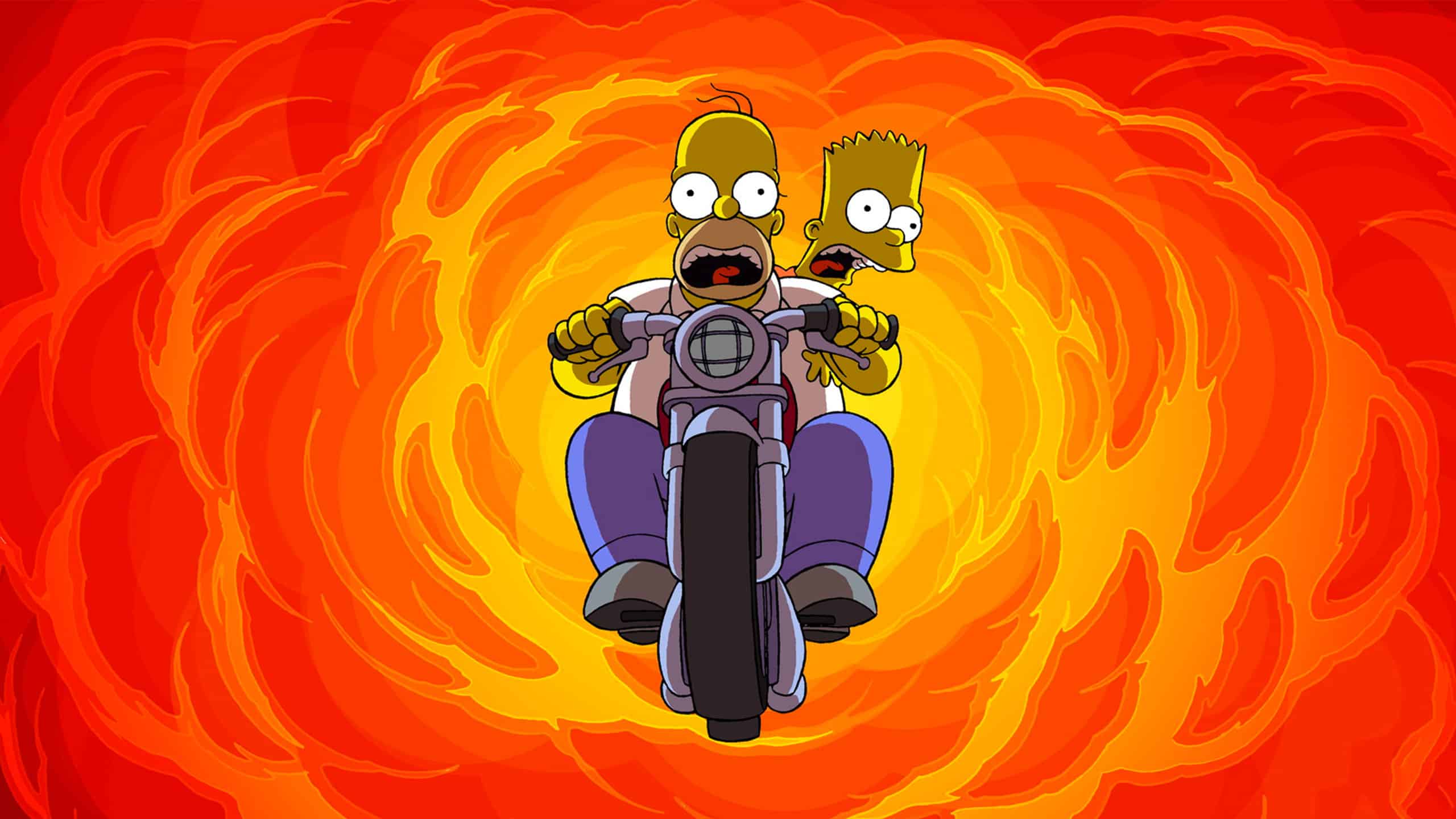 Homer et Bart de face sur une moto en train d’échapper à une explosion rouge et jaune en fond.