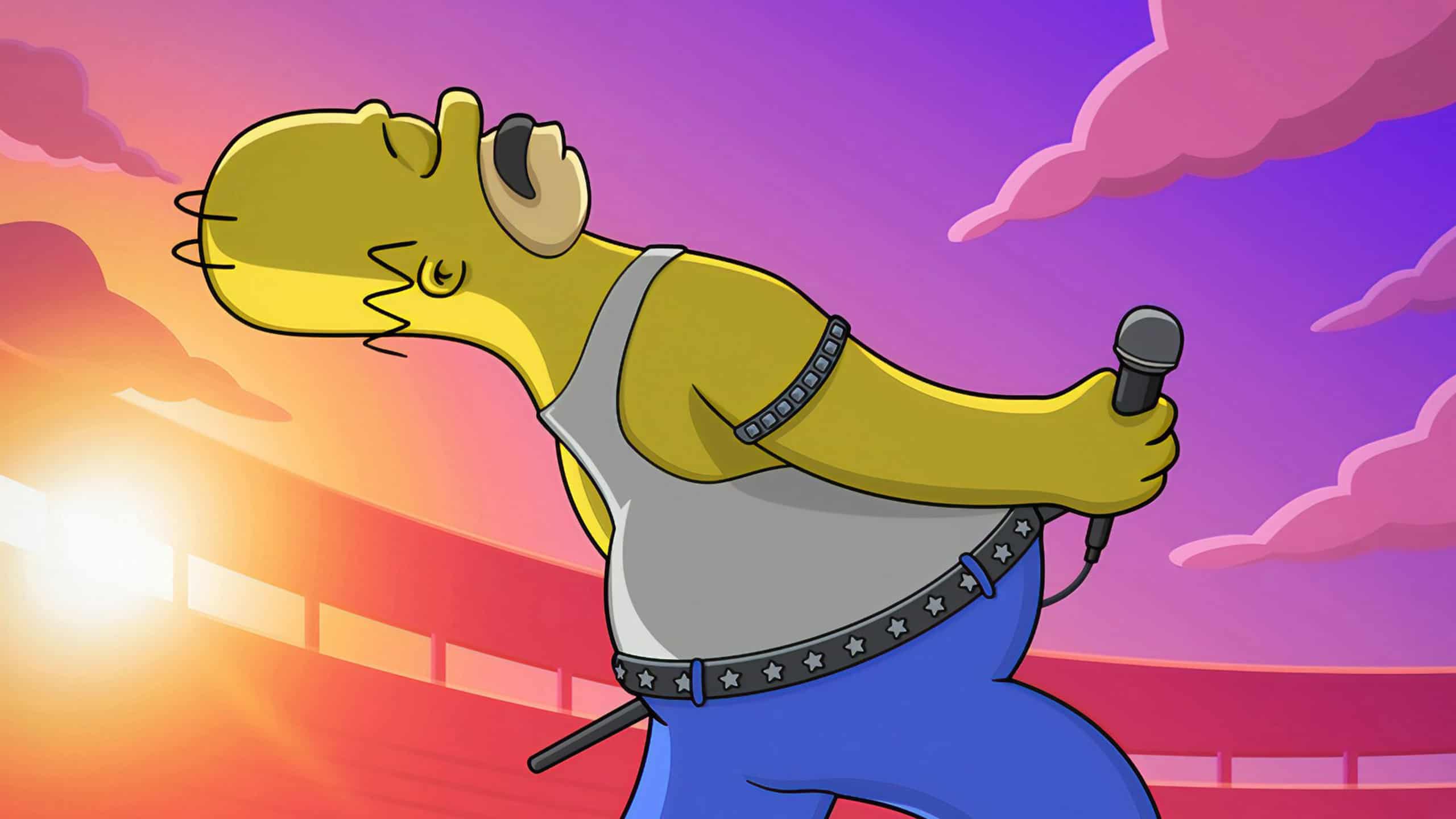 Homer Simpson en Freddie Mercury avec la moustache, le débardeur et le jean sur une scène de concert avec un magnifique contre jour du coucher de soleil.