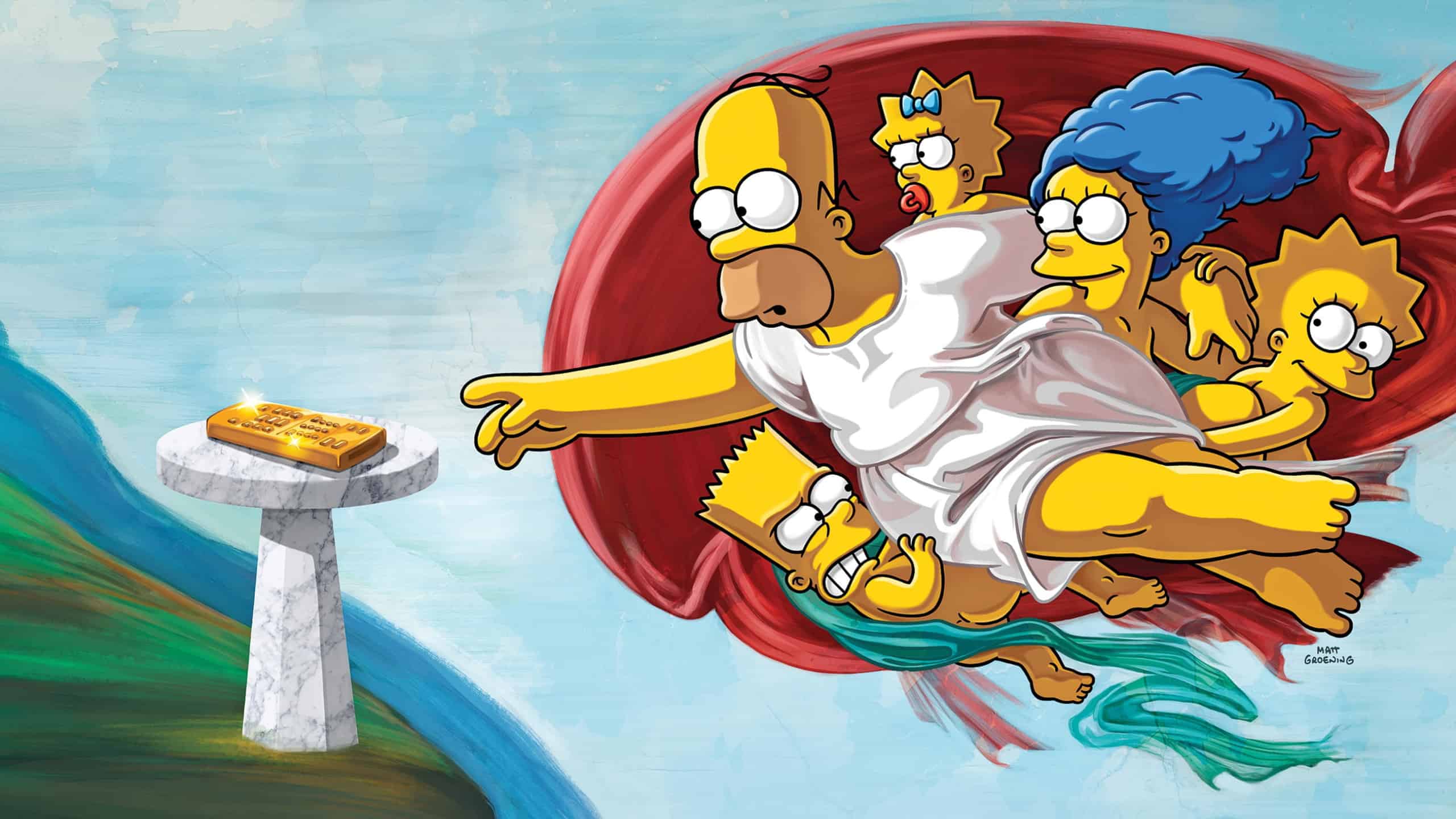 Pastiche de la peinture de Michel-Ange : “ La création d’Adam ” avec la famille Simpson.