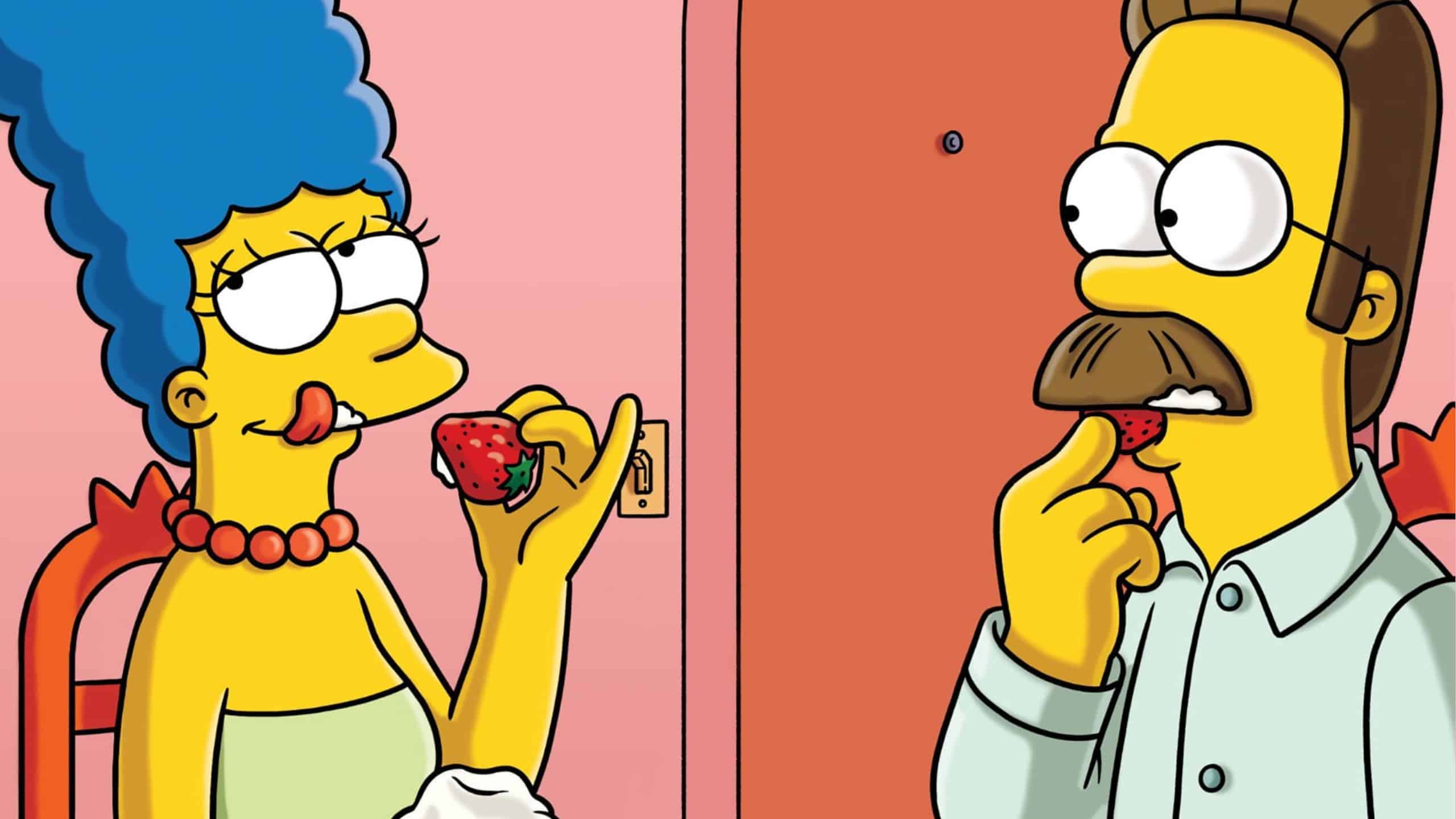 Marge et son voisin Ned partagent une fraise de façon romantique pendant la préparation d’un gâteau.