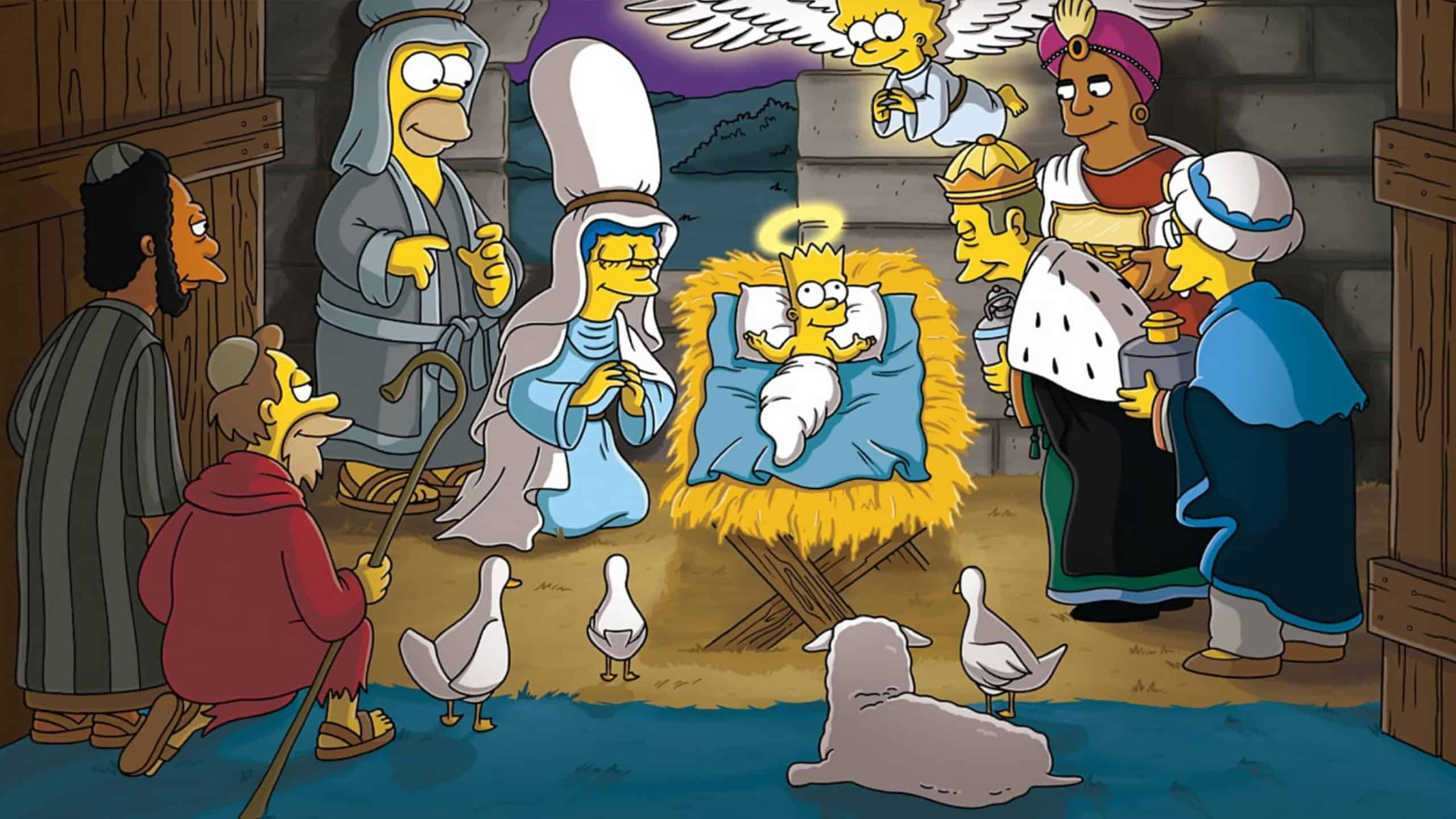 Scène de la nativité avec les rois mages et Bart en Jésus dans le berceau de paille. Marge incarne Marie et Homer est Joseph.