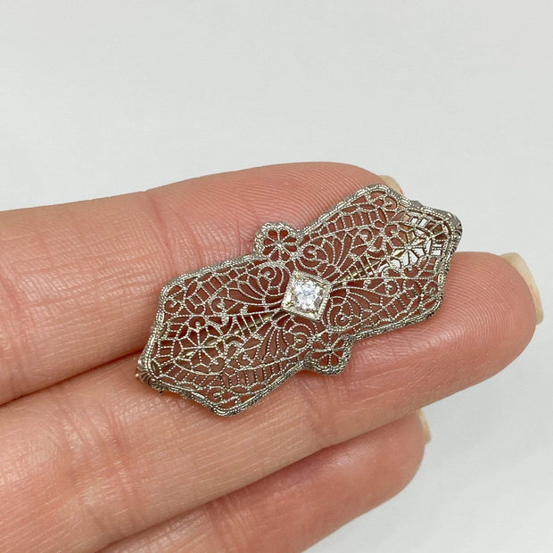 Vintage Filigree Diamond Brooch Pin White Gold