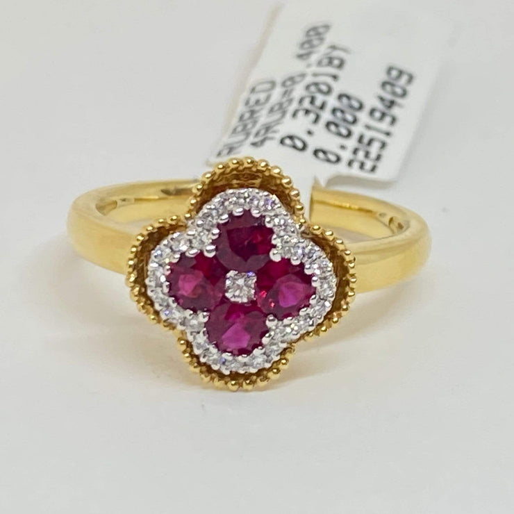 Lady's Natural Ruby & Diamond Cloverleaf Clover Ring 18K Yellow