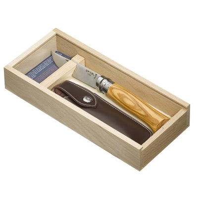 Wooden sliding top box Opinel No 8 Olive wood Handle with sheath