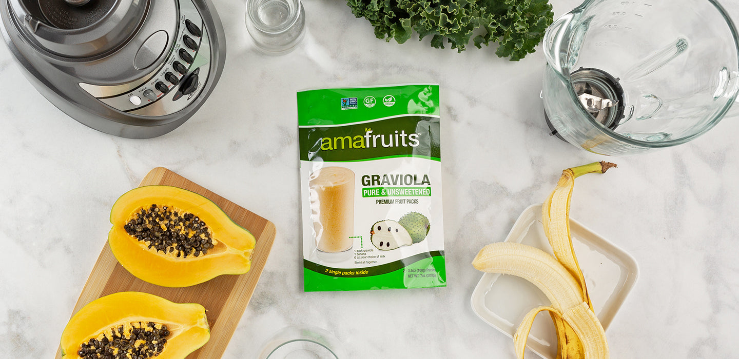 Ingredients for Graviola, Banana, Papaya and Greens smoothie