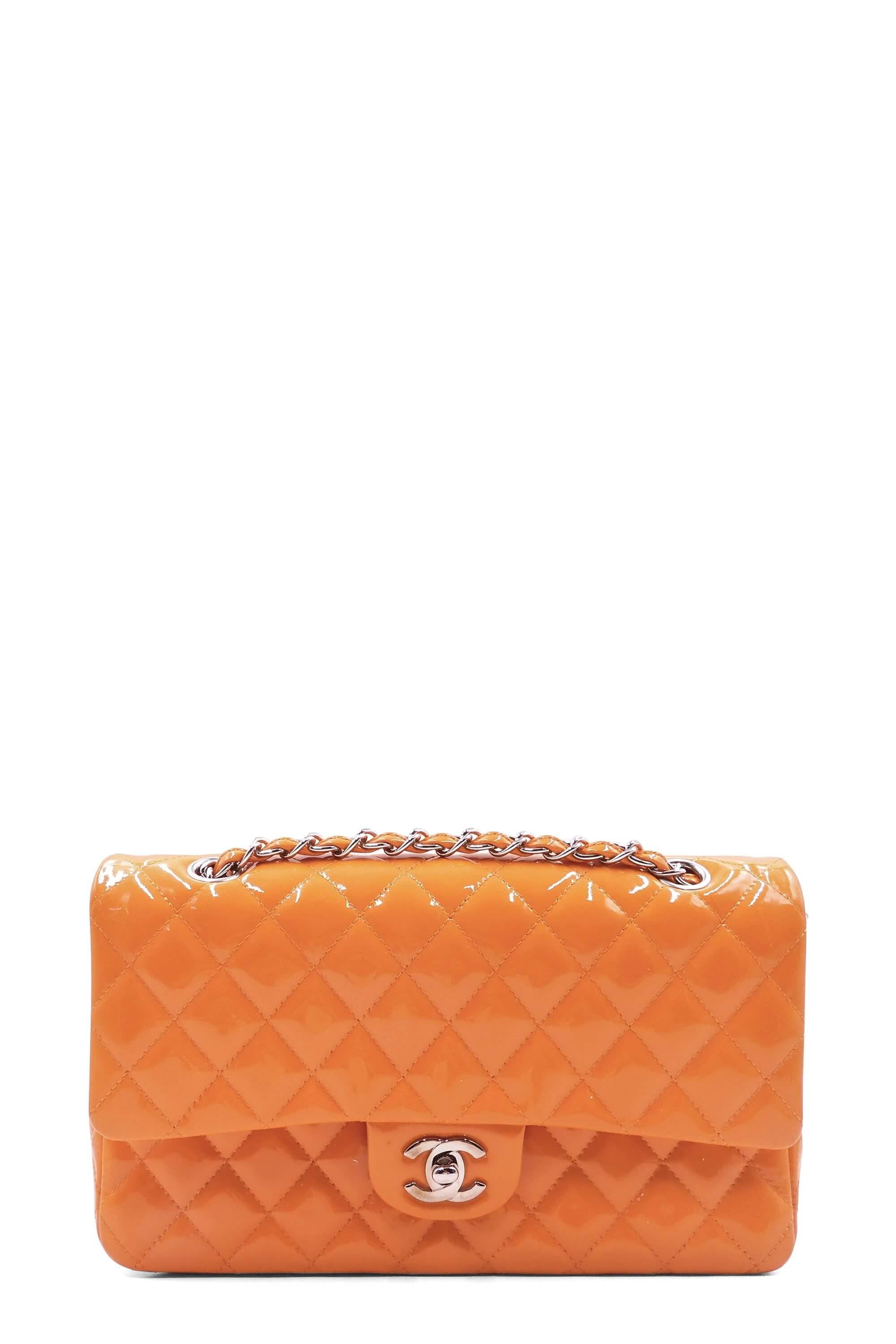 Chanel Orange Quilted Patent Leather Classic Jumbo Double Flap Bag   Yoogis Closet