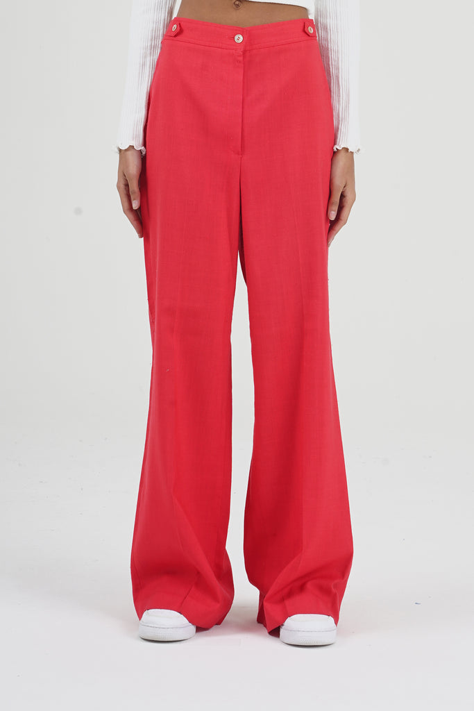 red high waisted flared trousers