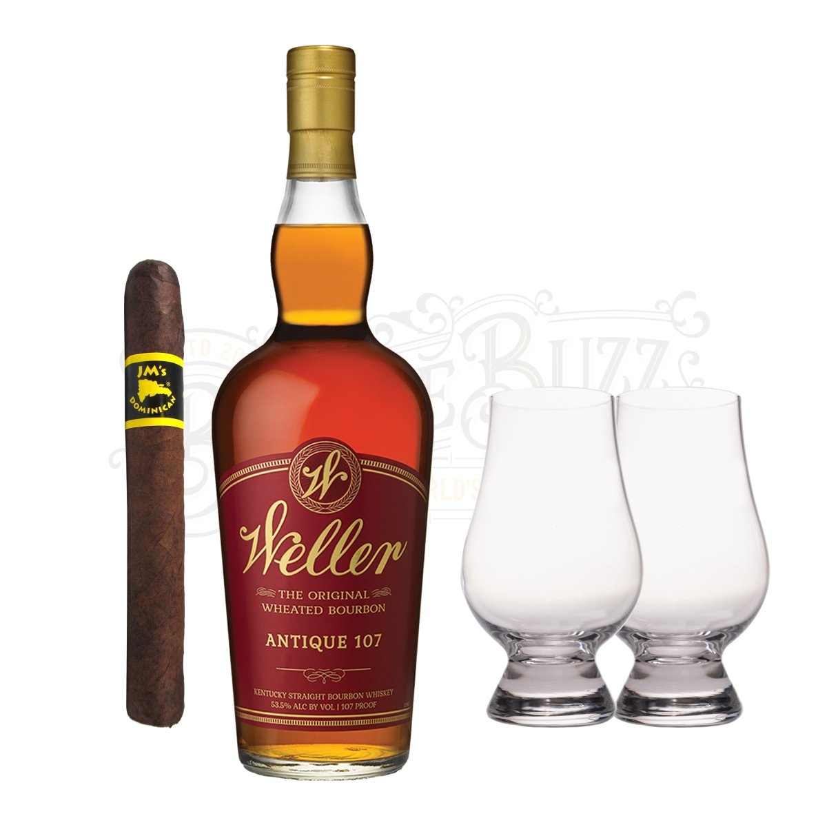 W.L. Weller Antique 107 Bourbon with Glencairn Set & Cigar Bundle