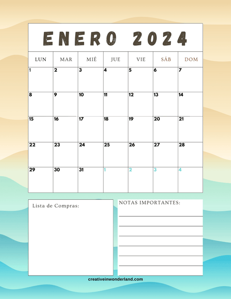 calendario enero 2024