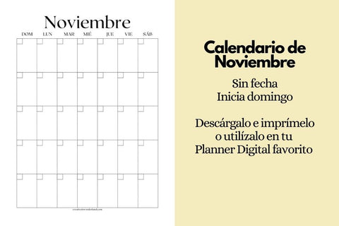 Calendario mensual noviembre sin fecha, inicia domingo