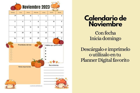 Calendario mensual noviembre con fecha, iniciando domingo