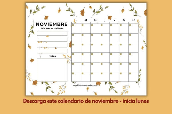 Descarga el Calendario mes de noviembre sin fecha inicia lunes