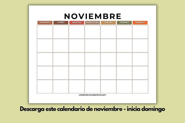 Descarga el Calendario mes de noviembre sin fecha inicia domingo