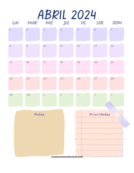 Calendario mensual abril 2024 para imprimir 16