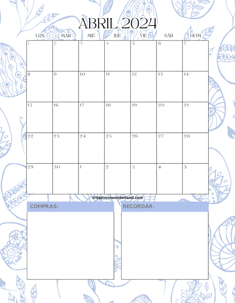Calendario mensual abril 2024 para imprimir 24