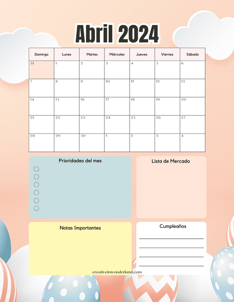 Calendario mensual abril 2024 para imprimir 25