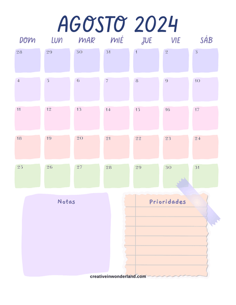 calendario agosto 2024 inicia domingo #15