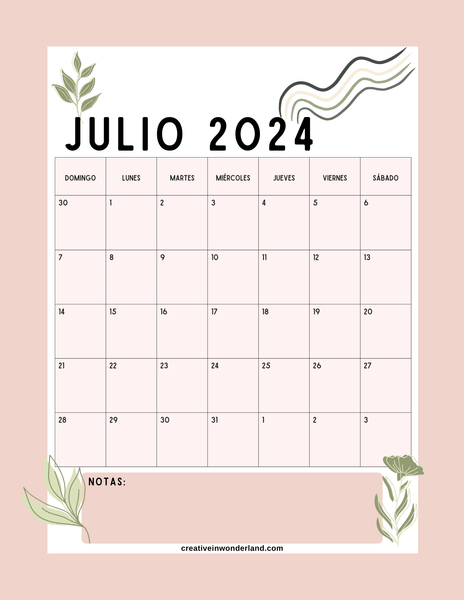 Calendario julio 2024, inicia domingo #5