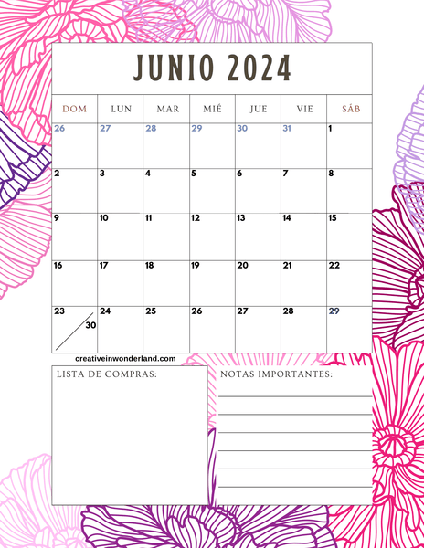 Calendario junio 2024 inicia domingo #25