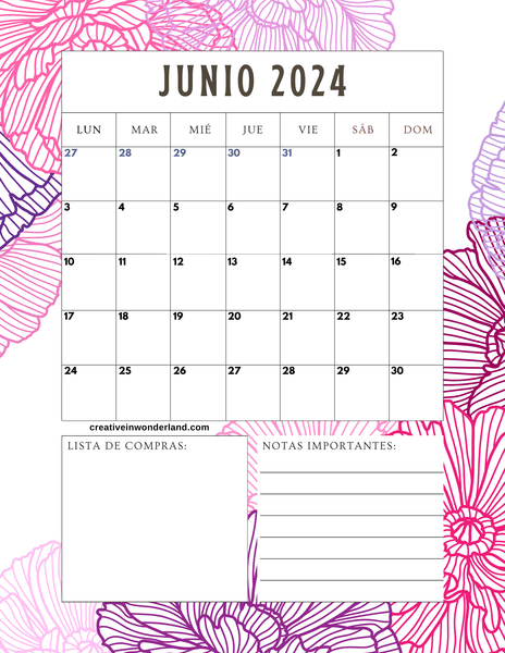 Calendario junio 2024 inicia lunes #26