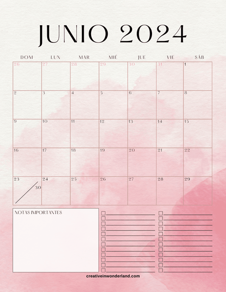 Calendario junio 2024 inicia domingo #27