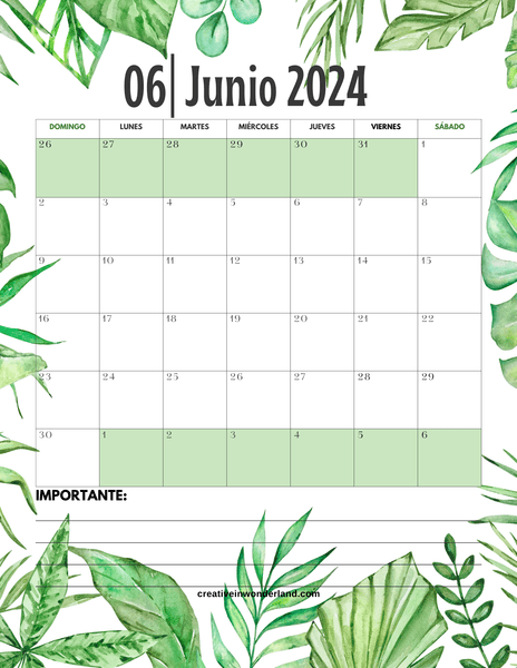 Calendario junio 2024 inicia domingo #31