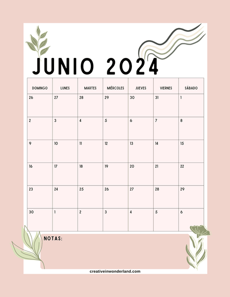 Calendario junio 2024 inicia domingo #21