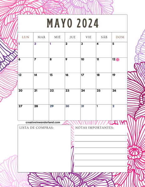 Calendario mayo 2024 para imprimir 12