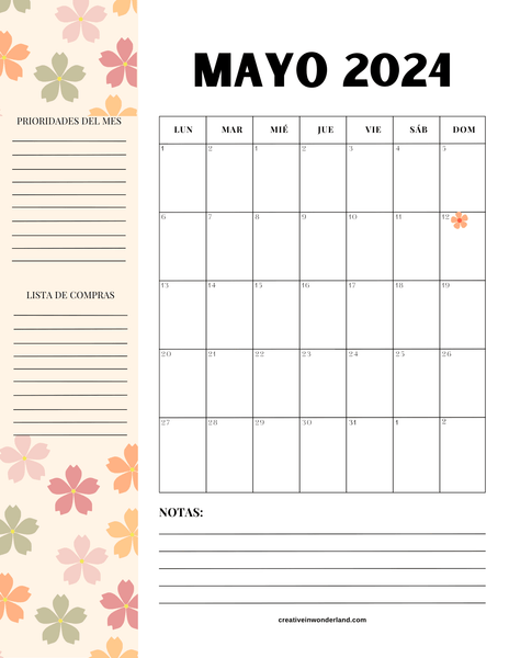 Calendario mayo 2024 para imprimir 28
