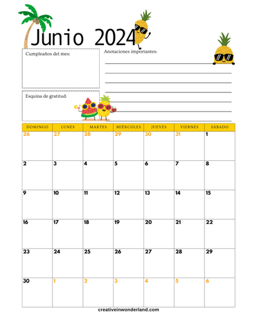 Calendario junio 2024 inicia domingo #51