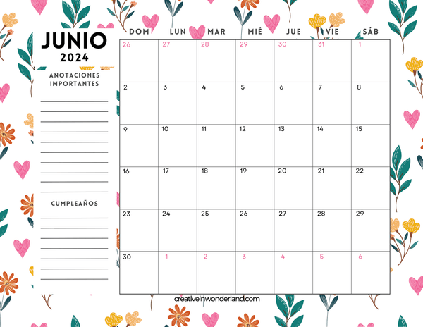 Calendario de junio 2024 horizontal inicia domingo