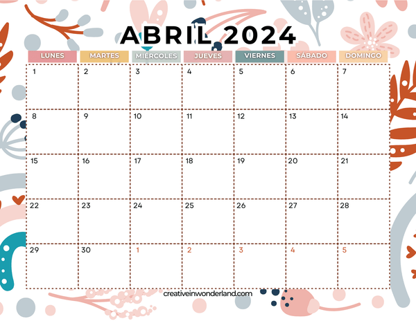 Calendario mensual abril 2024 para imprimir 36