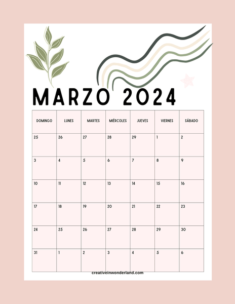 Calendario de marzo 2024 inicia el día domingo no.5