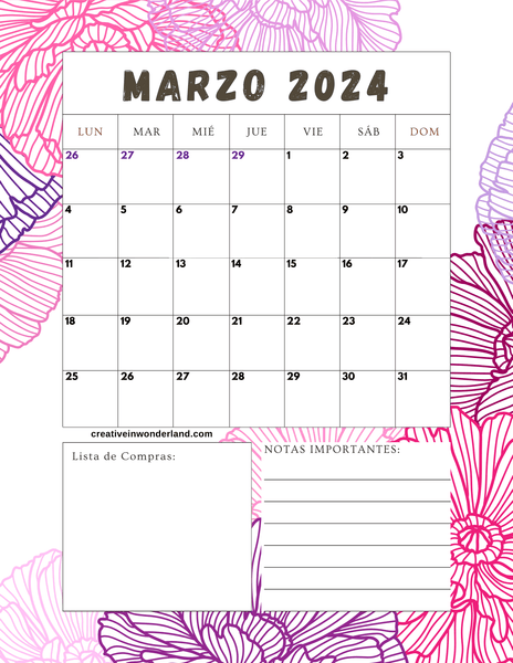 Calendario de marzo 2024 inicia el día lunes no.12