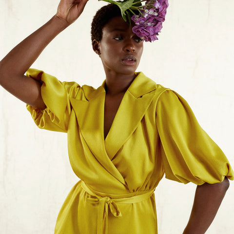 Femponiq Belted Puff Sleeve Yellow Satin Blouse