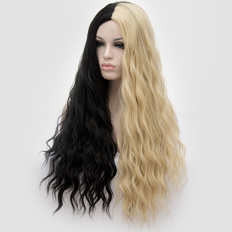 Half blonde half black costume curly wig by Shiny Way Wigs Brisbane