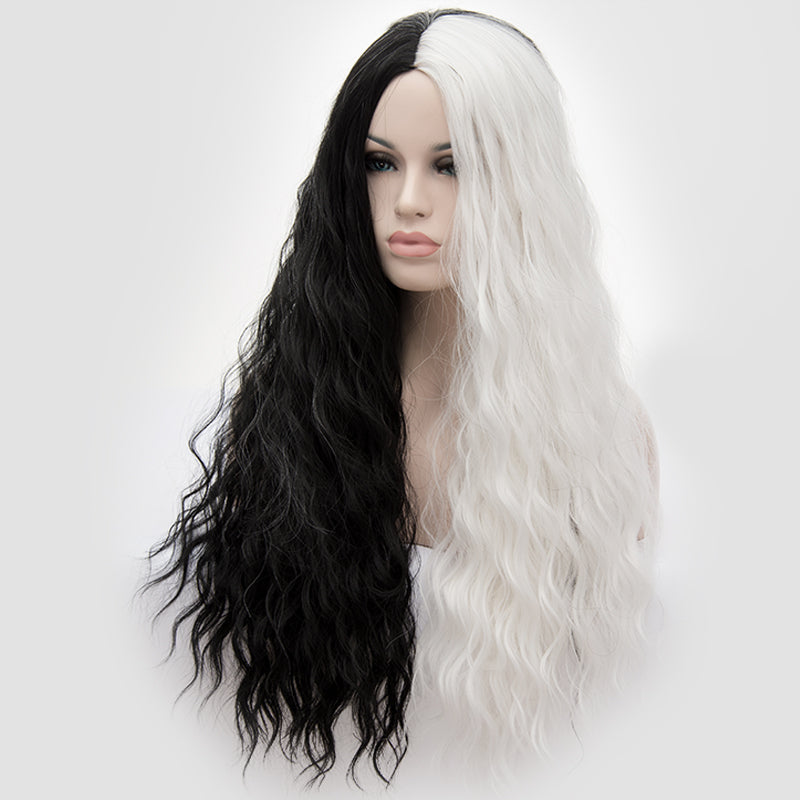 Half black half white long curly costume wig by Shiny Way Wigs Sydney