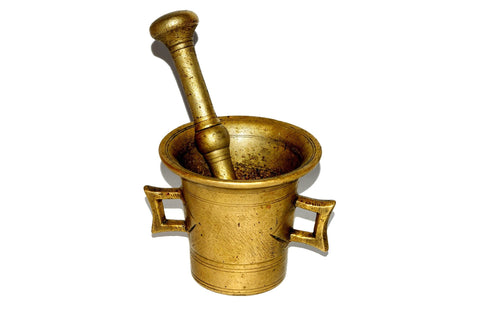 Naturally aged brass mortar and pestle