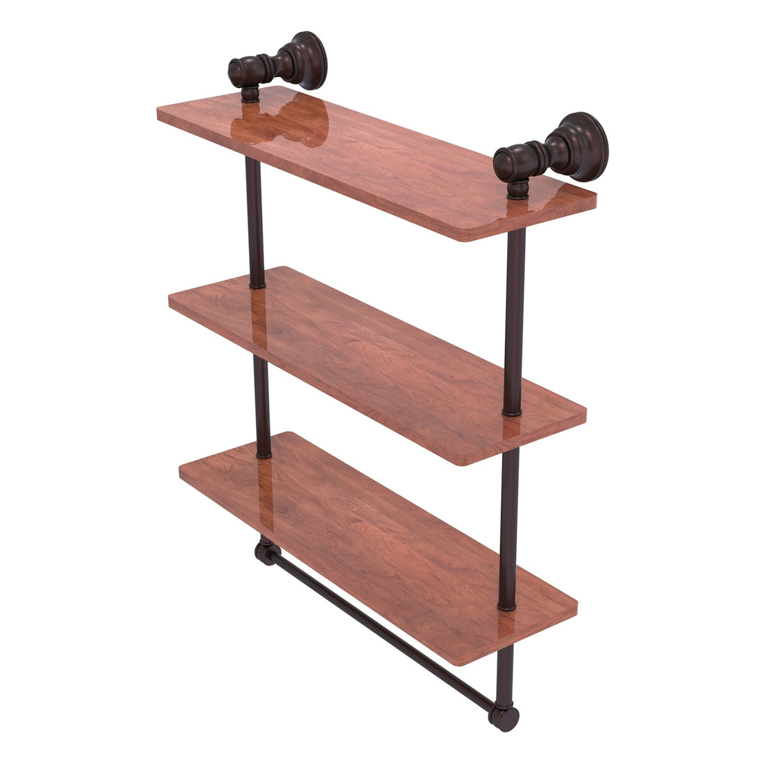 three tiered wood and brass shelf